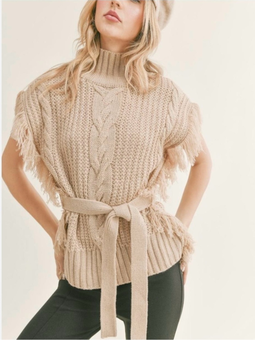 SAGE THE LABEL Fringed Cable-Knit Turtleneck Sweater in Ivory/Cream - SIZE M